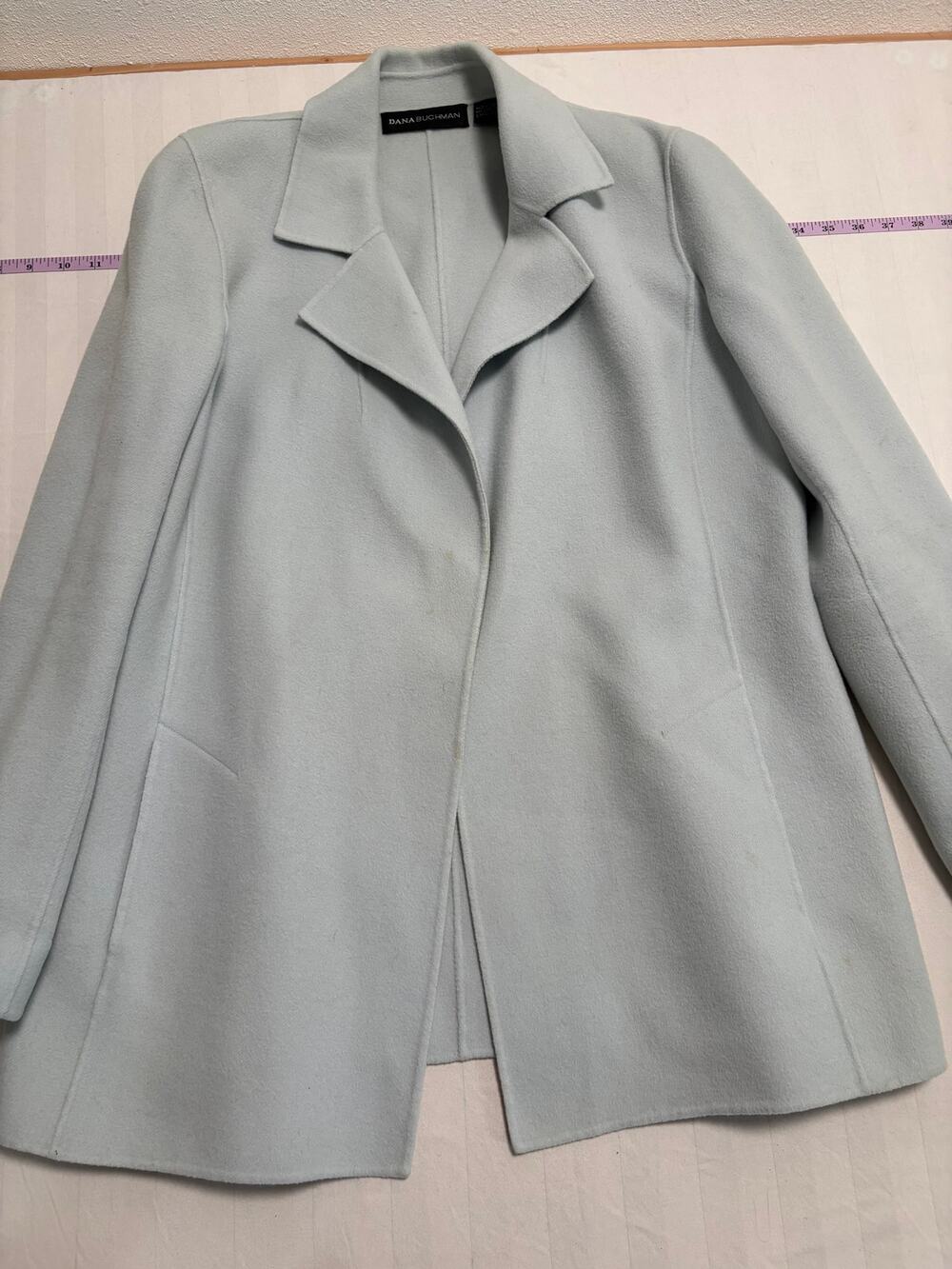 Dana Buchman 100% Wool Coat Light Blue Open Front Jacket Women's Size 12